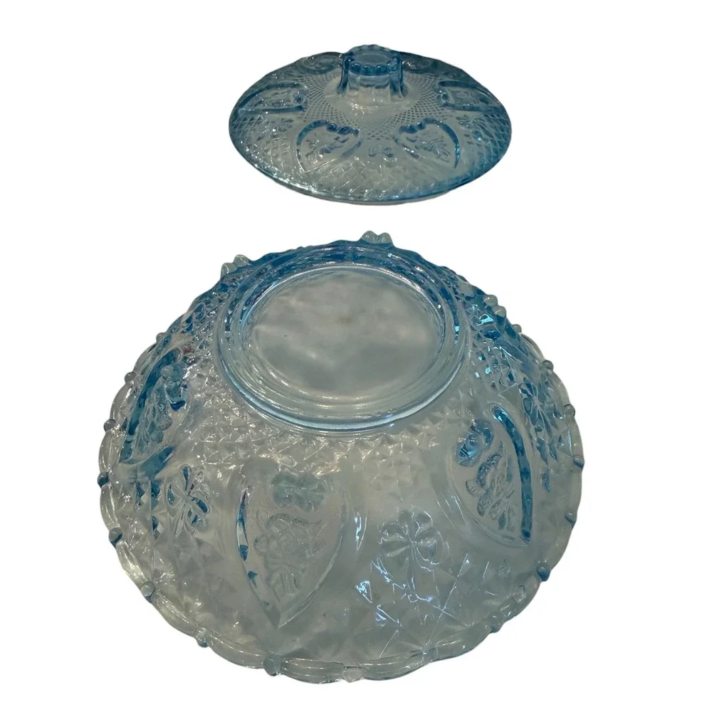 Vintage KIG Ice Blue Pressed Glass Candy Dish Heart & Rose Hearts and Flowers